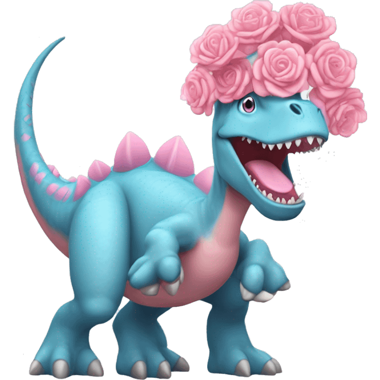 a pastel-blue dinosaur holding a giant pink bazooka wearing a big crown with flowers and really big eyelashes and it’s laughing  emoji