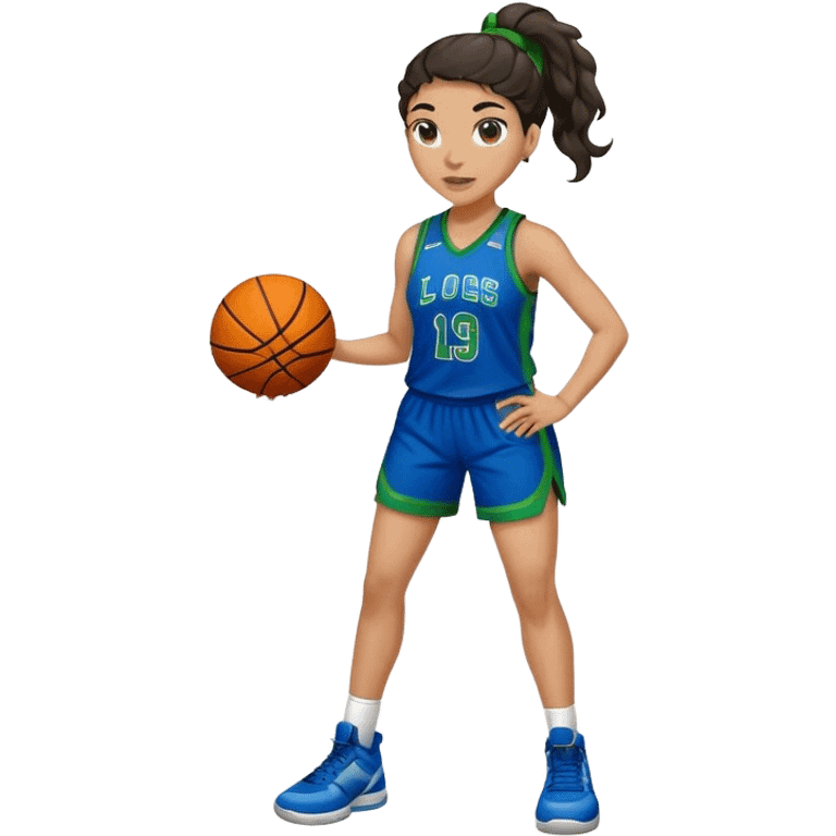 full body plus size light skin latino women basketball player with wavy dark hair in pony tail wide nose wearing blue uniform with green accent emoji