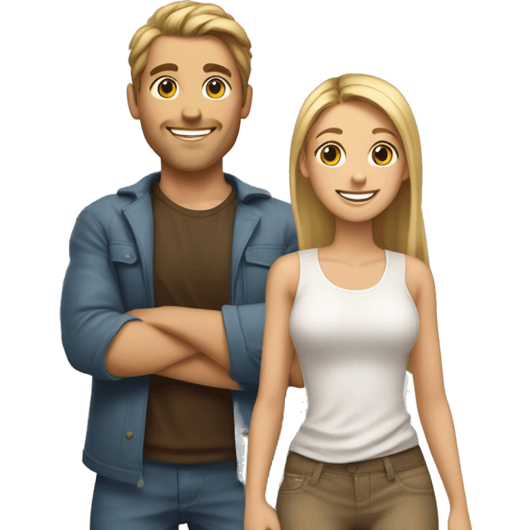 Woman and man smiling, woman has straight Brown hair in a ponytail, slightly sunkissed skin, man has blonde long hair which are in a ponytail, slightly sunkissed skin emoji