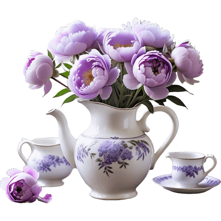 A vintage porcelain pitcher, adorned with fading lavender motifs, overflows with pastel purple peonies in various stages of bloom. Some petals, light as morning mist, curl gently at the edges, while others remain tightly wrapped, hinting at the promise of unfolding beauty. A few fallen blossoms rest beside the pitcher on an aged wooden table, their presence a fleeting echo of nature’s transient charm. Soft, diffused light filters through a lace-curtained window, lending the scene a nostalgic, dreamlike atmosphere." emoji