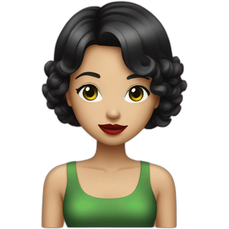 girl with green eyes and black short bob hair and red lipstick emoji