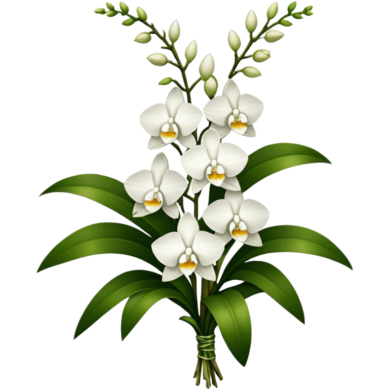 big bouquet white Dendrobium Orchid, stem, leaf emoji