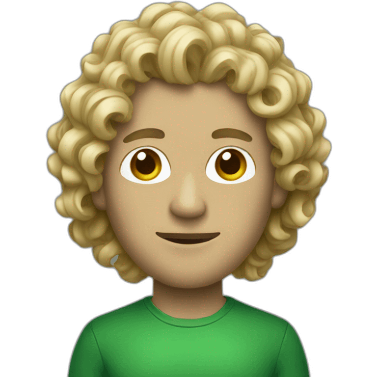 A man wearing a green wooden mask with medium length blonde curly hair emoji