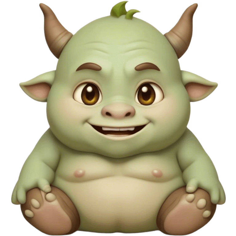 Cinematic Cute Ogre Portrait Emoji, with a surprisingly endearing, plump and huggable figure in soft earthy greens and browns, featuring big, kind eyes and a bashful smile, simplified yet irresistibly adorable, highly detailed with a soft glowing outline that captures the charm of a friendly giant who seems ready for a warm hug! emoji