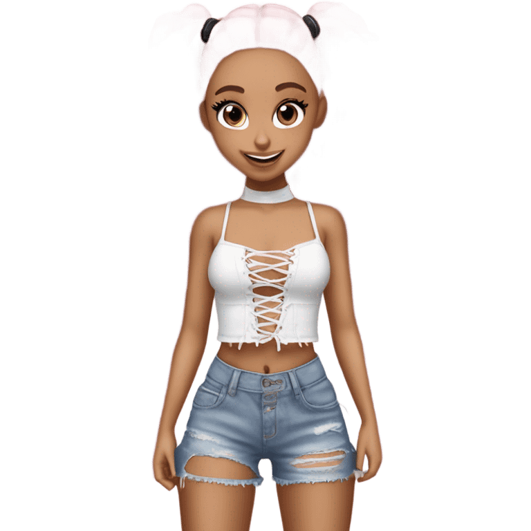 Ariana grande wearing a Shakira lace up croc top and short jeans and pink highlights  emoji