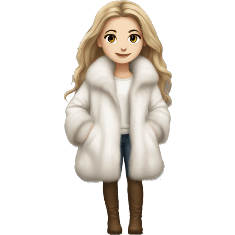 White girl with long brown hair in white fur-coat emoji