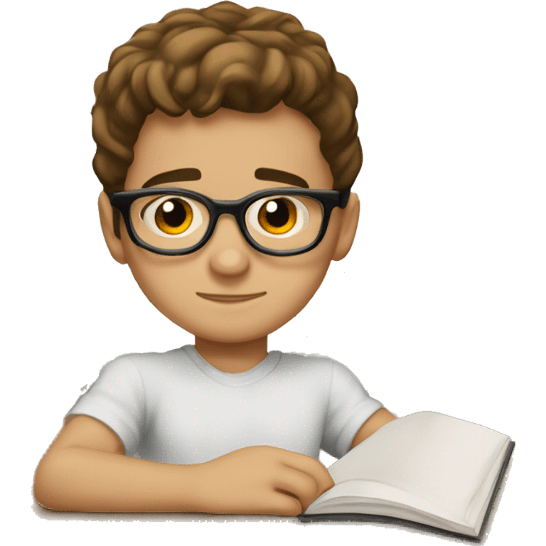 a kid with high taper fade mid hair round glasses looking down to his study book he is white and have brown hair emoji