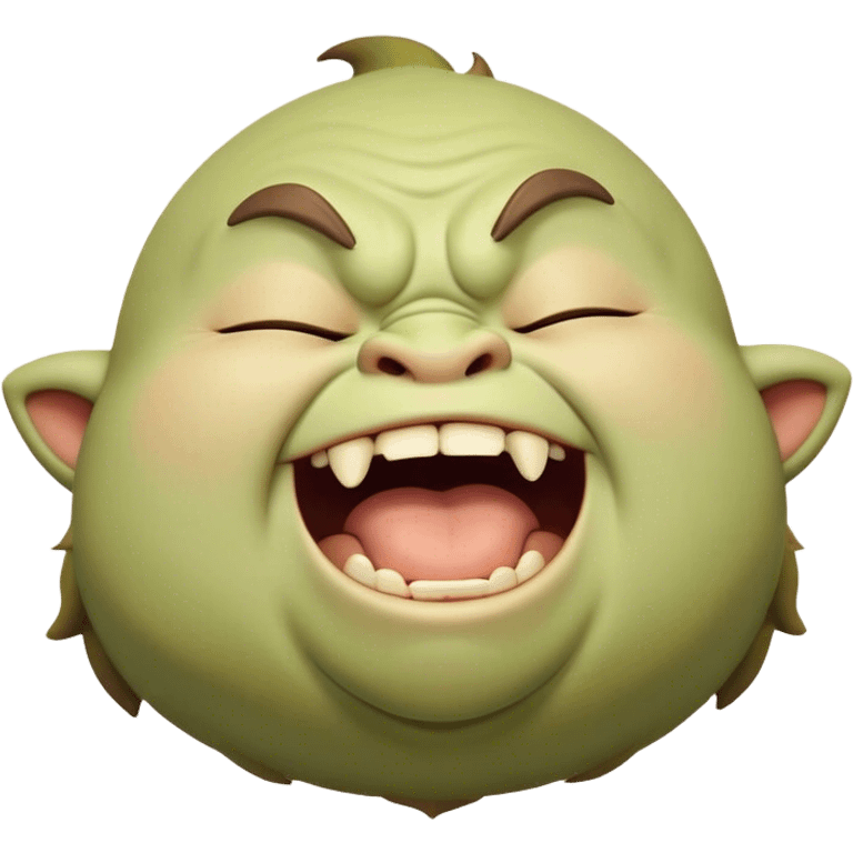 Cinematic Cute Yawning Ogre Portrait Emoji, with a surprisingly cuddly, rotund figure in soft earthy greens and browns, head tilted back in a big, gentle yawn exposing a set of comically oversized teeth, simplified yet irresistibly adorable, highly detailed with a soft glowing outline that captures the sleepy charm of a friendly ogre after a long day of gentle mischief! emoji