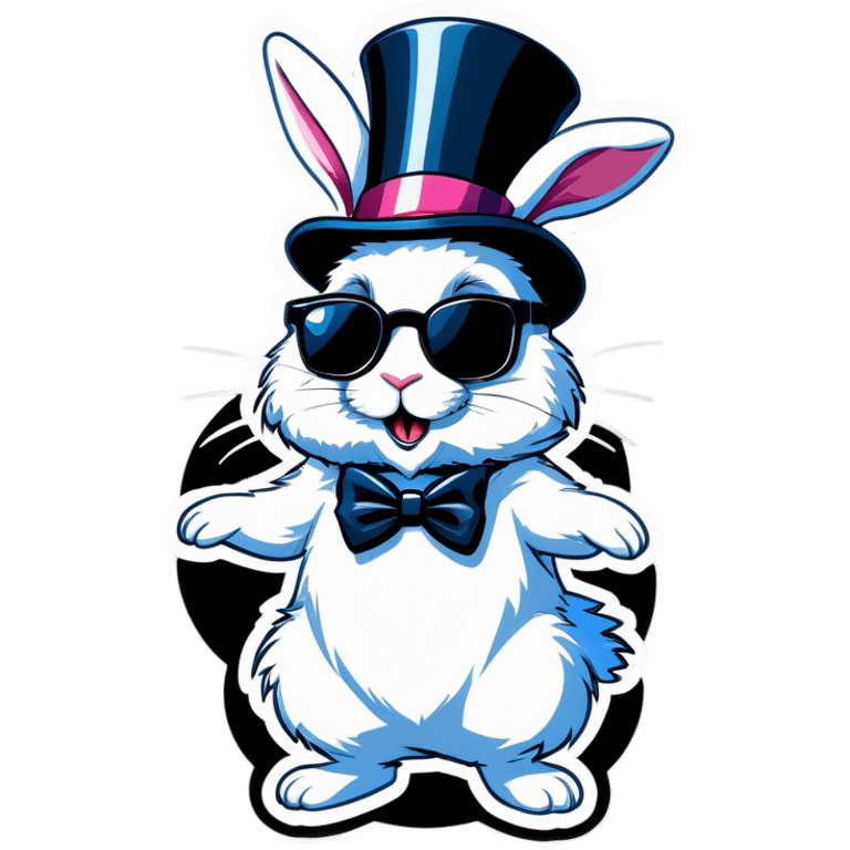 A cute, fluffy white rabbit (wearing dark sunglasses) peeks up and hops out of a sparkly animated top hat.  emoji