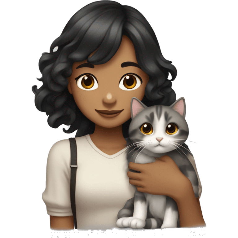 TAN SKIN GIRL with long black wavy hair and bangs HUGGING HER LIGHT BROWN, GRAY, and WHITE CALICO CAT  emoji