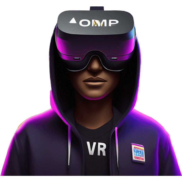 Donald Trump wearing a black hoodie with "OMG" letters on it and VR headset oculus quest 2 in a cyberpunk VR environment with violet neon lighting. emoji