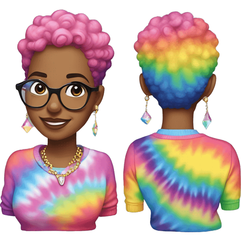 Plus size black woman with pink curly pixie cut hair and a rainbow tie dye sweater , and diamond stud earrings  emoji