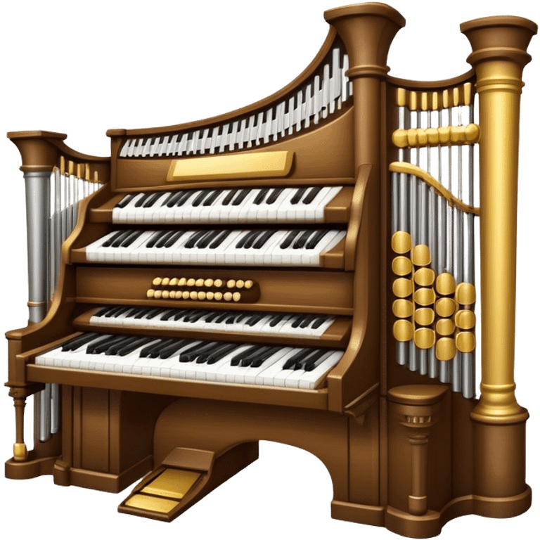 Create an elegant and majestic emoji representing a classical organ. The design should feature the grand pipes of the organ in the background, with visible details of the keys and pedalboard in the foreground. The pipes should be tall and impressive, with a mixture of gold, silver, and metallic shades to emphasize the grandeur of the instrument. The keyboard and pedals should be well-defined, capturing the intricate craftsmanship of the organ. Use dark wood tones and gold accents for the body of the instrument to give it a rich, historic feel. Add subtle musical notes around the organ to evoke its deep, resonant sound. The background should be transparent. emoji