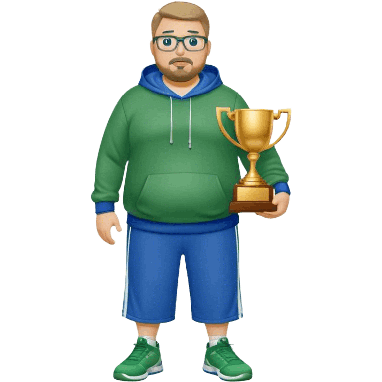 full body white obese male basketball coach with trophy. Goatee , Wearing glasses and blue and green hoodie and khaki pants emoji