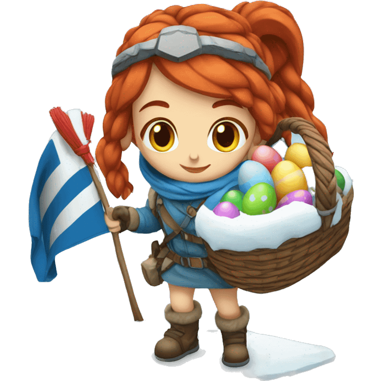 Greek Female winter mountaineer red hair white skin climbing with Greek Flag and Easter eggs basket emoji