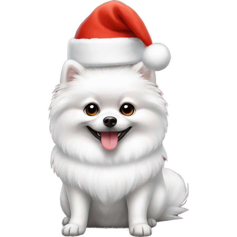 White Pomeranian in a Christmas hat emoji