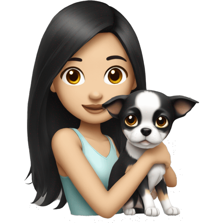 long black hair Thai girl with Chihuahua black and white. emoji