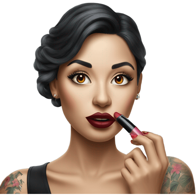 Hyper Realistic Beautiful lightly tattooed woman applying her lipstick  emoji