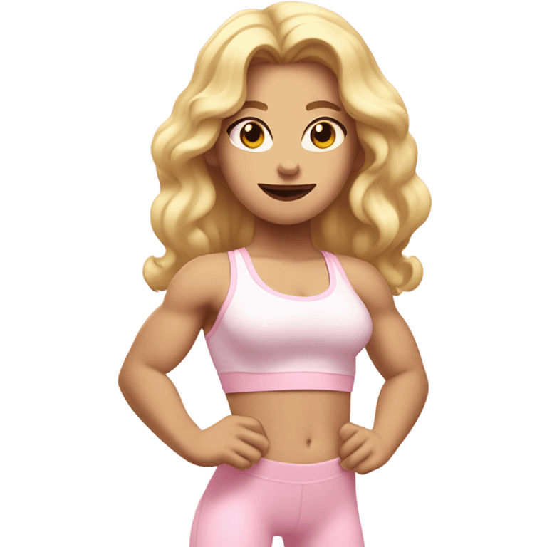 Woman, white skin, pale skin, long hair, blonde hair, wavy hair, baby pink sports bra, baby pink leggings, flexing one arm up emoji