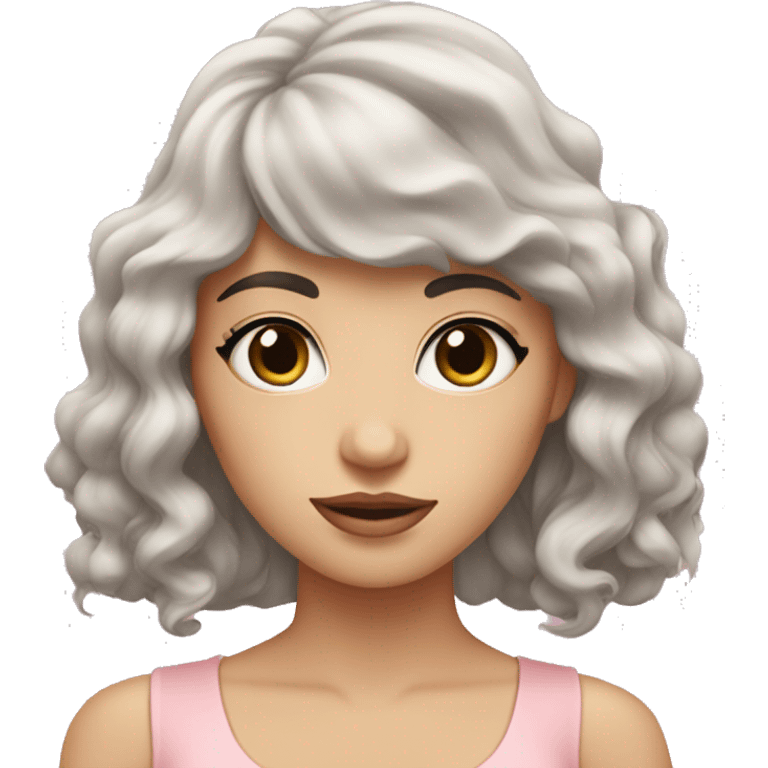 White woman with long black curly hair and bangs and dark brown eyes, wearing a pastel pink dress emoji