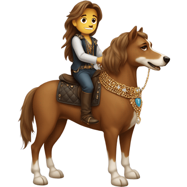 brown long hair boy with jewelry riding a dog like a horse  emoji