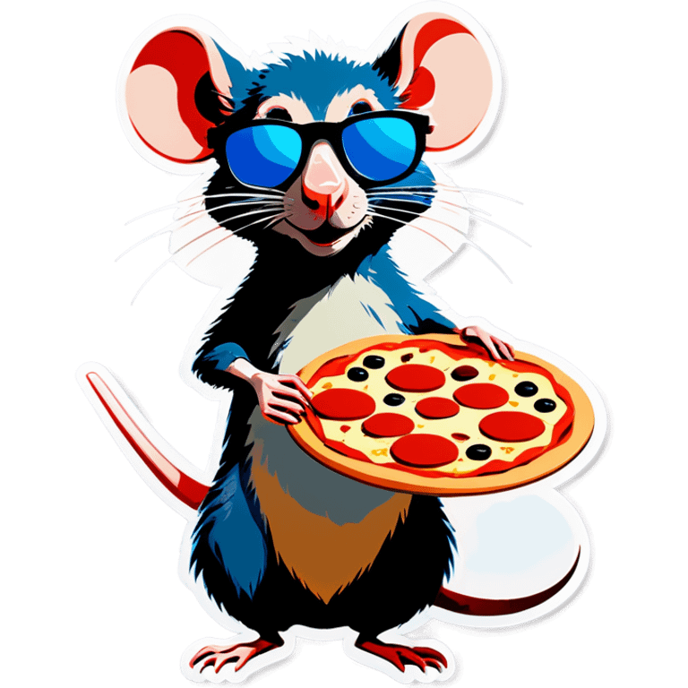 Rat holding a pizza with blue sunglasses￼￼￼￼ emoji