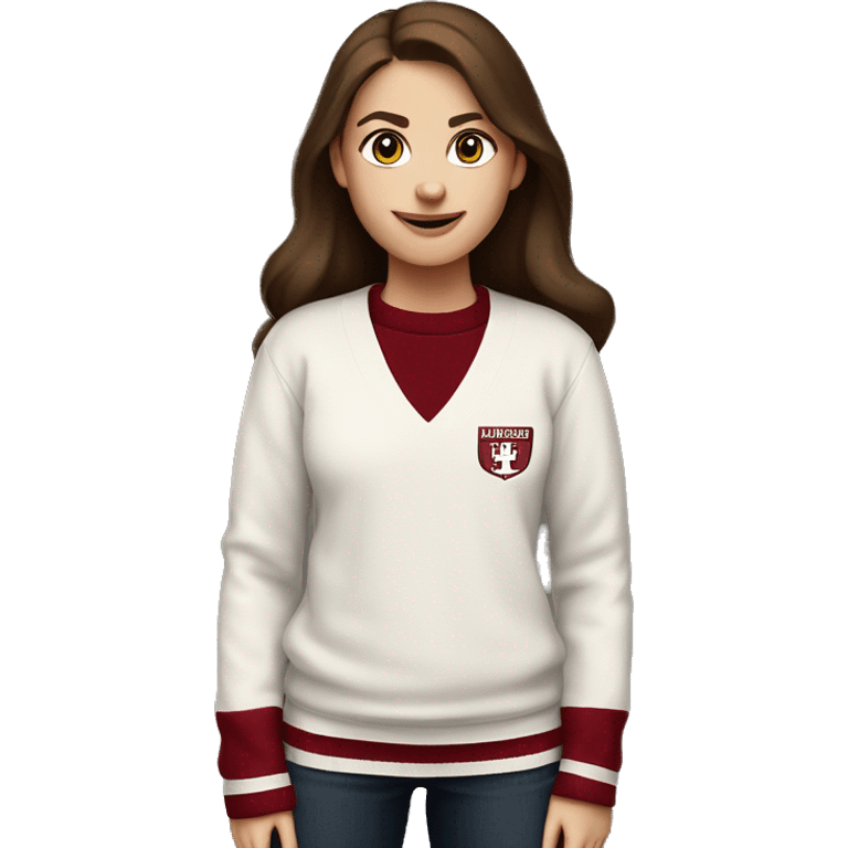 Girl with brown hair and white skin wearing a crimson and white sweater with the black crimson and white Harvard University logo on it  emoji