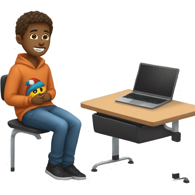 male student sitting at a school desk, a Chromebook with a throw blanket wrapped around shoulders emoji