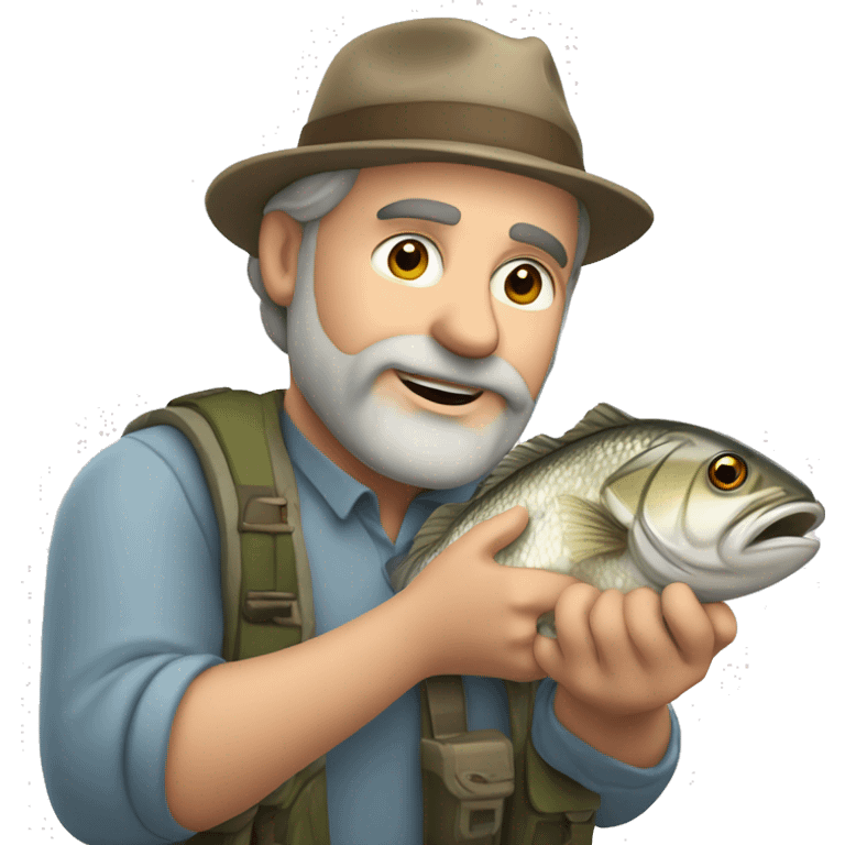 50 year old white MAN with brown hair and brown beard fishing and catching a giant fish emoji