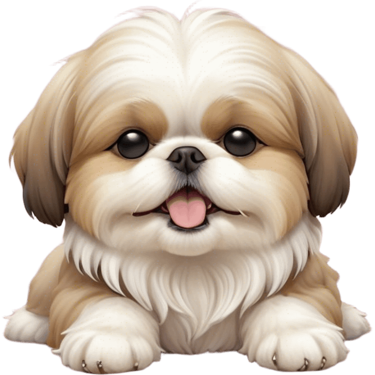 Cinematic Cute Yawning Shih Tzu Portrait Emoji, Head gently tilted with an irresistibly cute yawn and sleepy, half-closed eyes, showcasing a luxurious, fluffy fur in gentle pastel tones, simplified yet endearingly detailed, glowing with a soft, drowsy radiance, high shine, exuding tender, sleepy charm, styled with a delicate, soft glowing outline, capturing the essence of a Shih Tzu caught in a moment of adorable, sleepy bliss! emoji