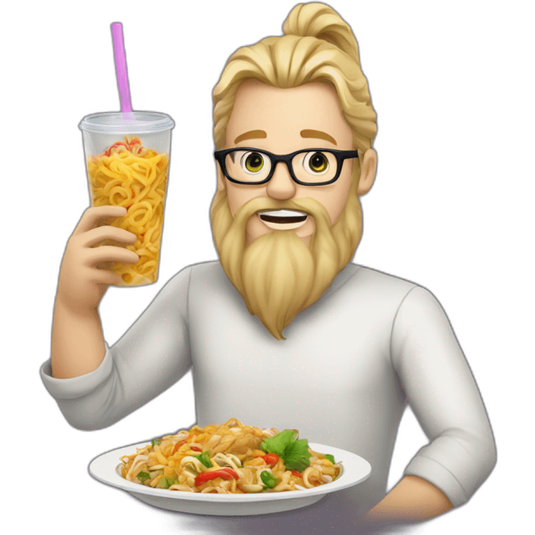 Tall long haired pony tail blonde man with beard and octagon glasses eating thai food emoji