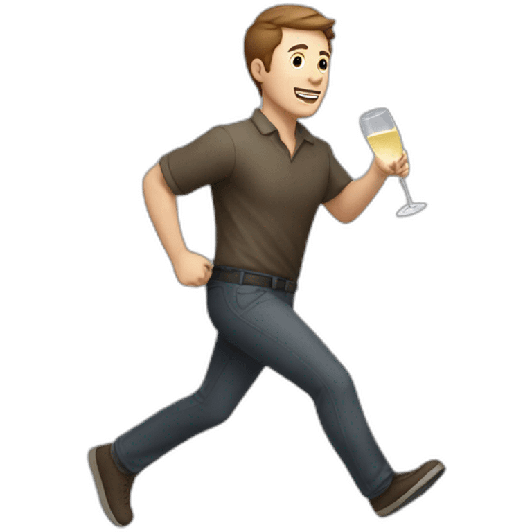 White man with very short brown hair runs with a carton of champagne emoji