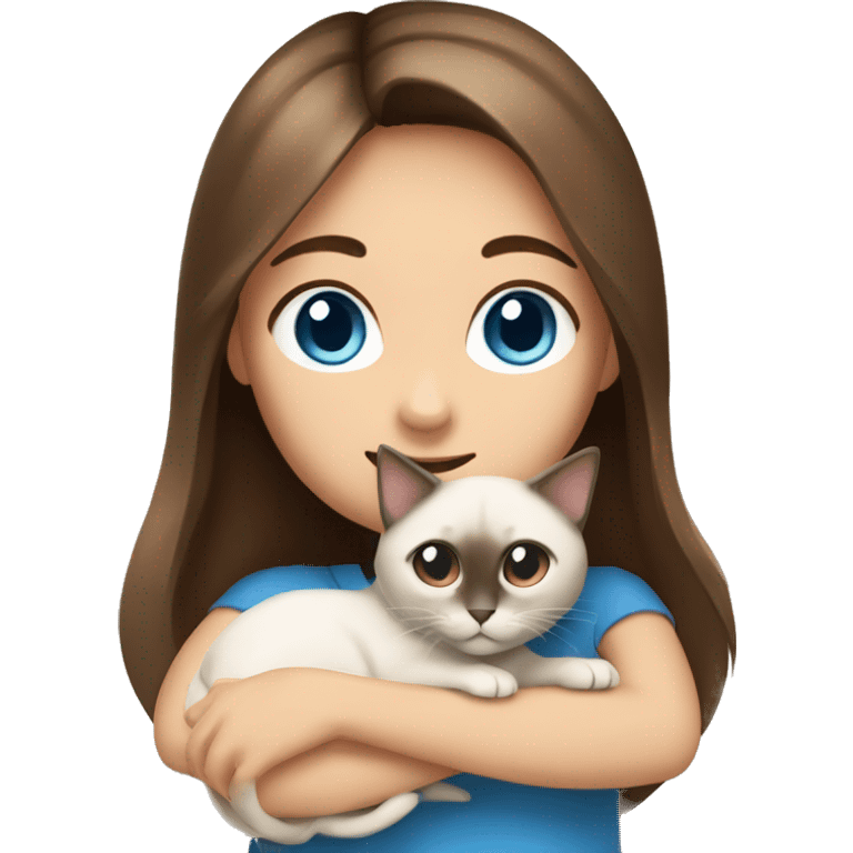 Girl with brown hair and brown eyes hugs Siamese cat with blue eyes emoji