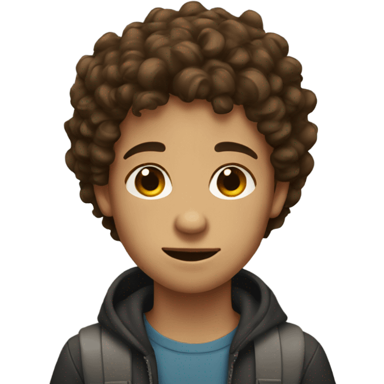 Boy with brown curly hair and acne emoji