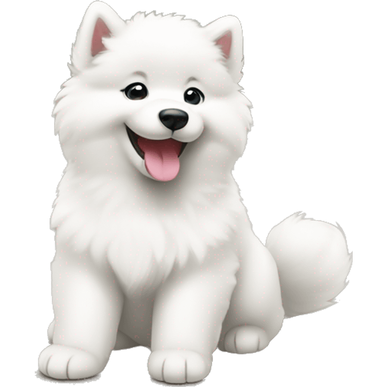 A Samoyed puppy with a wide smile, wagging its tail emoji