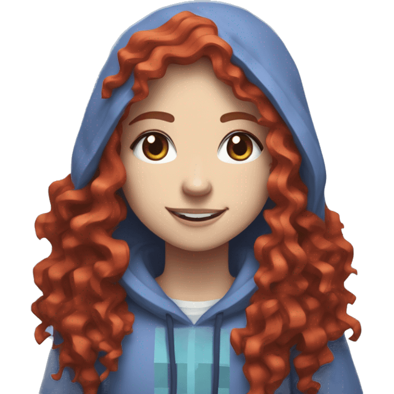 a white girl with long red curly hair and freckles, wearing periwinkle Minecraft hoodie playing a videogame smiling emoji