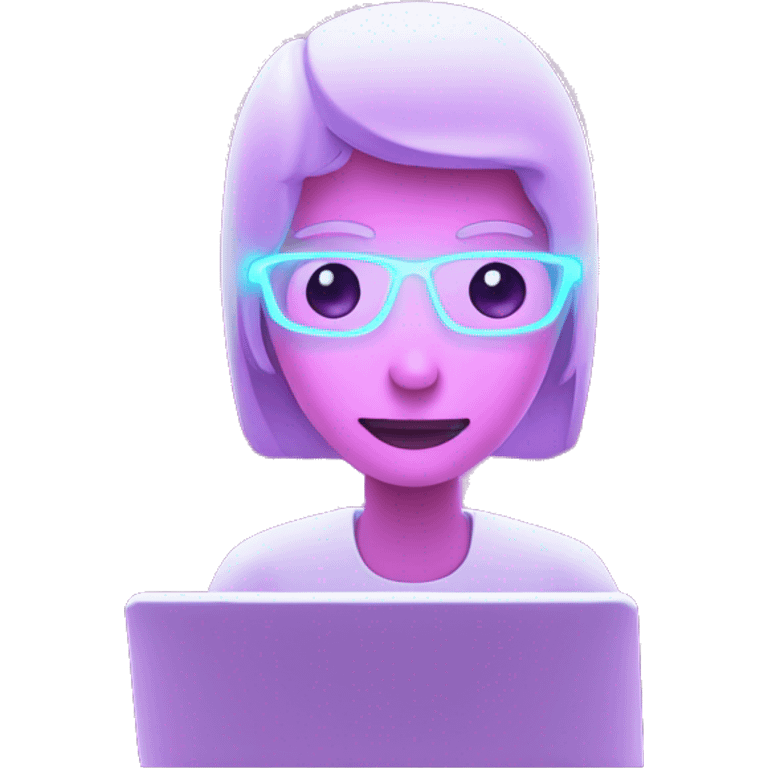 A person looking at a computer with neon-like fluorescent light shining on their face. emoji