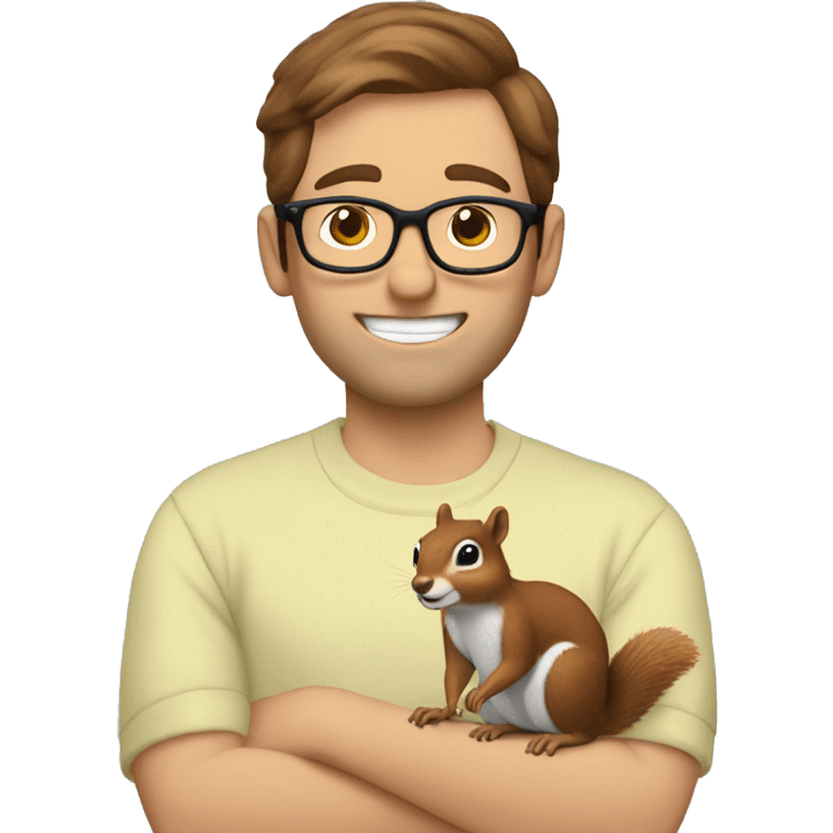 A man with brown hair, glasses and fair skin, feeds a squirrel emoji