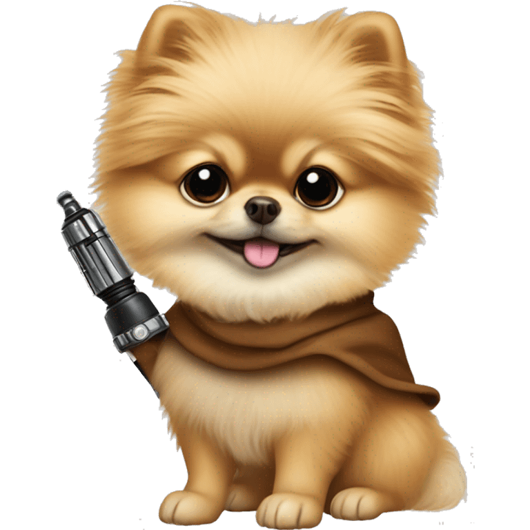 Pomeranian dressed as Luke Skywalker holding a lightsaber emoji