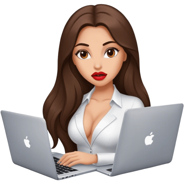 beautiful sexy girl, with long brunette hair, with big lips, with laptop emoji