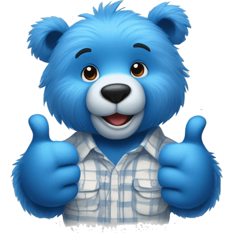 Fuzzy blue bear wearing a shirt giving a thumbs up emoji