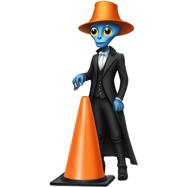 alien galora in Victorian dress elegant, full body, holding "big traffic cone" emoji