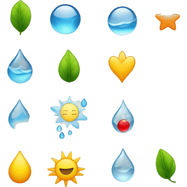 "Design emoji icons for wellness: heart, leaf, sun, water drop, and gift." emoji