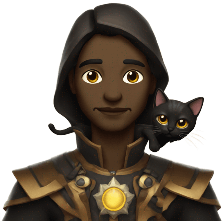 A sun warlock who is pale with deep brown hair and is holding a black kitten emoji