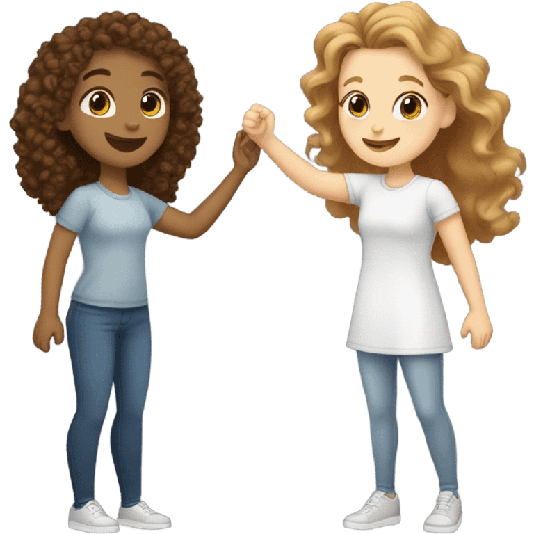 two white girls (one with brown curly hair and one with light brown straight hair) high fiving emoji