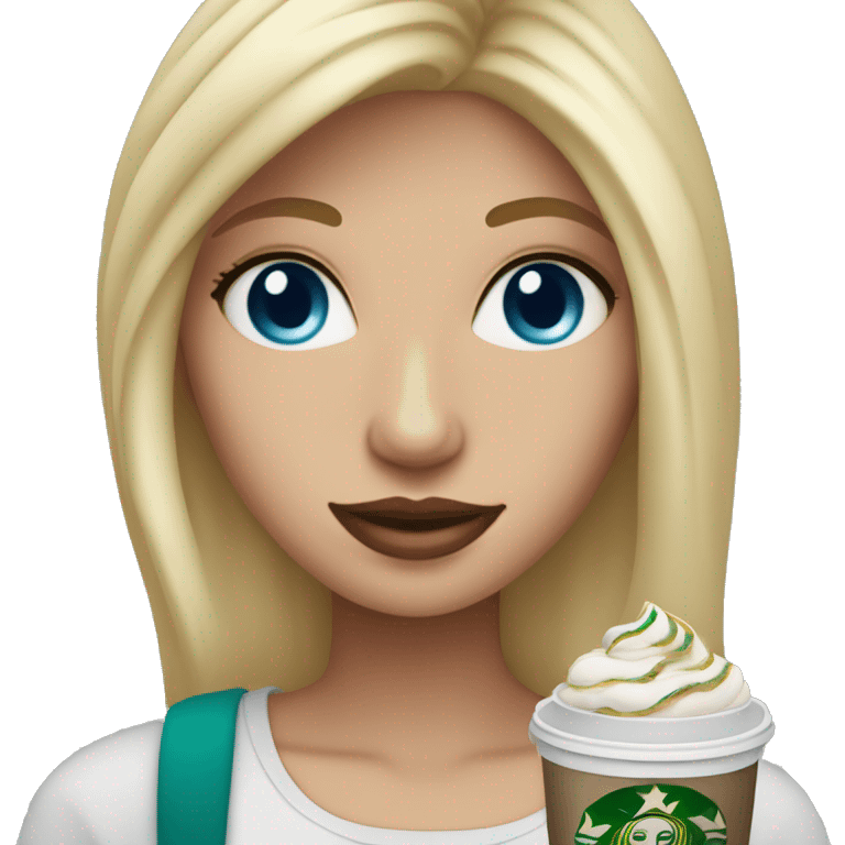 blonde girl blue eyes with Starbucks cup drink emoji