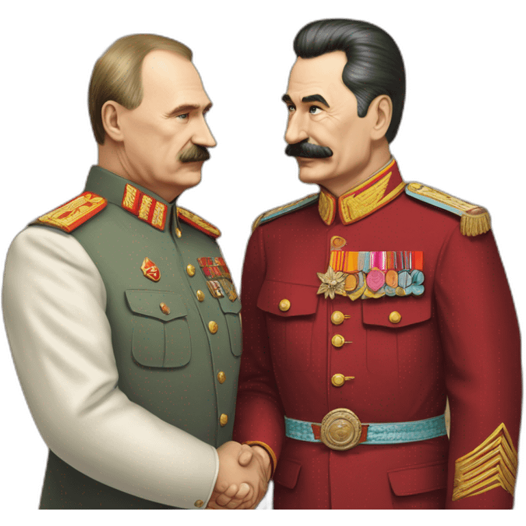 Stalin shakes Putin's hand. Putin without a mustache in a suit, Stalin in a tunic emoji