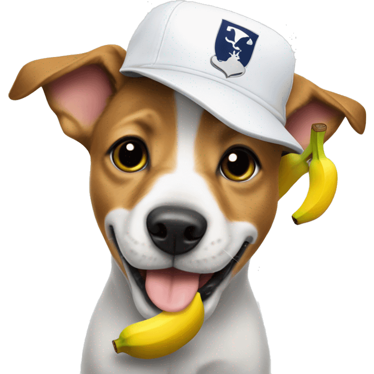 Cute dog eating a banana with a Tottenham hotspur cap on emoji