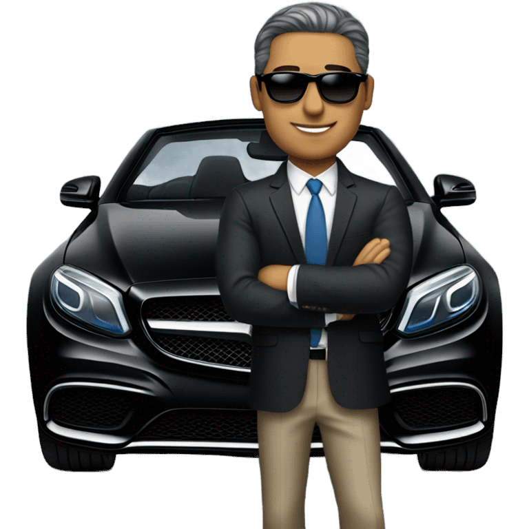 Latino Businessman with sunglasses standing in front of black Mercedes convertible emoji