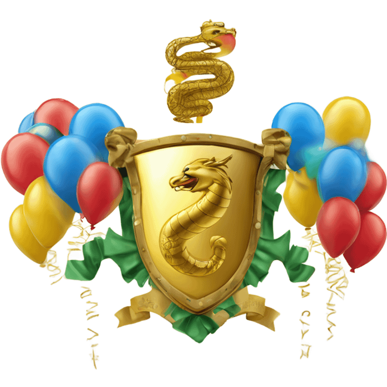 Coat of arms with golden serpent, new year 2025 ,champagne , balloons emoji